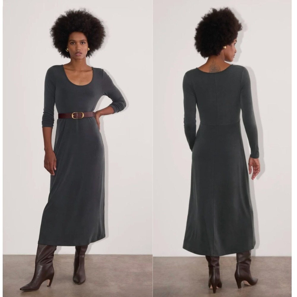 Everlane Maddi Dress Butterknit Empire Waist Scoop Neck Midi Small Charcoal Grey